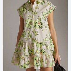 Maeve Anthropologie lime floral print button up dress layered skirt ruffle Sz XL